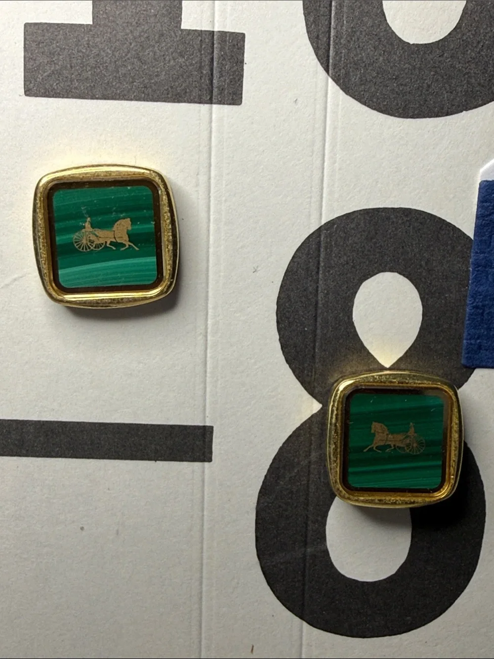 Celine Horse & Carriage Green Malachite-Style Gold Tone Cufflinks Vintage